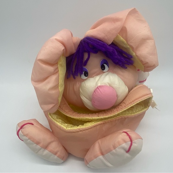 Vintage Pink Yellow Nylon Parachute Plush Bunny Easter Basket Puffalump Style - Picture 4 of 14